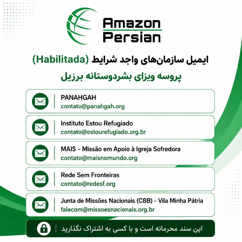 فهرست تصویری آمازون پرشین از پنج نهاد واجد شرایط برازیل و ایمیلهای تماس